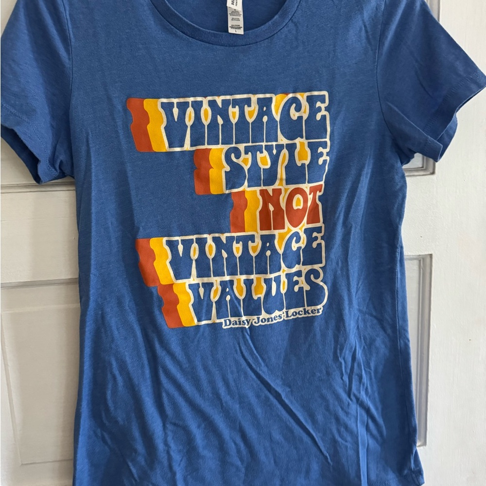 “Vintage Style not Vintage Values” Graphic Tee -heathered blue sz L  retro pinup